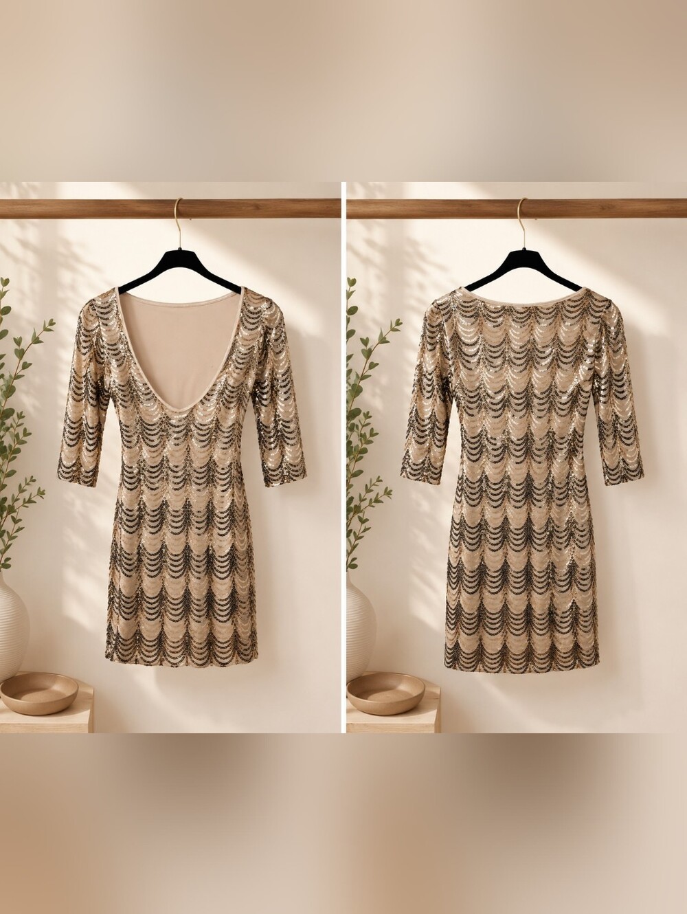 Sequined Scoop Neck Mini Dress in Champagne